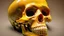 Placeholder: a picture of a dark, comedic, anatomically correct skull of a smiley face, photo realistic, highly detailed, yellow, old, part of a collection of bones on display on a scientists shelving