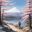 Placeholder: Oilpaint,Omonte fuji,snow-capped summit,clear blue sky,no clouds,serene reflection in a lake,winding hiking trail,whispering pine trees,gentle breeze,tranquil atmosphere,pink cherry blossoms,crisp air,hiker admiring the view,majestic peak,snow-capped mountains in the distance,shimmering sunlight on the snow,peaceful solitude,ethereal beauty,serenity in nature,mountain range stretching into the horizon,captivating landscape,pristine wilderness,snow-covered slopes,transcendent experience