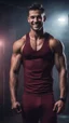 Placeholder: Hyper Realistic handsome muscular man in maroon-stripped-black-tank-top -&-tight-underwear giving ATTRACTIVE-SMILE in a dark gym full of maroon-fog at night showing dramatic & cinematic ambiance