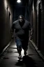 Placeholder: Big fat black man running in a dark alleyway far away