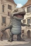 Placeholder: Fantasy art of a deformed hybrid abomination with the head of a open-mouthed basking shark on the body of a toad, standing in a medieval city square