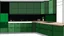 Placeholder: kitchen with dark green furniture, forest wallpaper on a white wall, very realistic