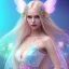 Placeholder: beautiful, soft, big smile face, whole head, long straight blonde hair blues eyes, crown on the head, clothing in transparent bluish and pink veil,fairy wings on the back, background brillante bluish and pink, hight definition, 8K