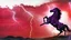 Placeholder: full silhouette of a horse rearing up(on left side, outlined by lighting), cloudy red sky, lightning bolts(from top to bottom left), running in the speed force