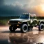 Placeholder: hyperrealistic shot, muddy aggressive military toy truck, monotone color palette, sharp focus, puddle reflection, tire water splash, refraction, mist on the horizon, sunset, rocks background, detailed and intricate, cinematic composition, micro, tilt shift photography