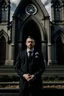 Placeholder: man dressed in church dress clothes bearing his chest in front of a church