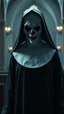 Placeholder: a front view of the Nun from the horror movie, standing in the church clown skin texture in a 3d rendering full-height image of a grim and dark scene. Ensure the final images exhibit the utmost quality, encompassing 4K, 8K, and 64K resolutions, with 3D rendering that manifests in photorealistic, hyperrealistic, and highly detailed representations. Employ techniques such as HDR, UHD,