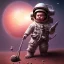 Placeholder: 1yo little boy is on safari on the moon. riding a pink dinosaur. he has big and a funny hat. High detailed. Cinematic. oil on canvas painting. Warm lights. beksinski