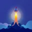 Placeholder: Create minimalist vector art, landing page hero, showing a sleek rocket launching upward with vibrant flames, representing a startup launch. The background should be abstract with geometric shapes and soft space-inspired gradients in bold tech colors like deep blues and purples,