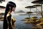 Placeholder: Photorealistic skinny woman with black hair, in a gold and black android suit, standing, looking out over a lake, with flying dandelion heads with octopus tentacles, with tall narrow cloud trees in the distance