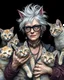 Placeholder: old lady punk rocker with silver hair, with her dozens of cats. By Vanja Vukelic, Benjamin Lacombe, Victor Brauner, Eileen Agar, Alex Grey, Michael Cheval and Naoto Hattori. Modifiers: sharp focus extremely detailed fantasy intricate very attractive award winning fantastic view hdr very cute pencil sketch science fiction complex insanely detailed whimsical fantastical art magical surrealism