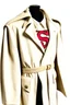 Placeholder: Men's Superman's Gucci Winter Trenchcoat elegant inspired by Superman's Big emblem design beige tones with dual color on a white background, product catalog photography, soft spot lighting, depth of field, 4k –ar 3:5 –q 2