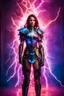 Placeholder: Photography Beautiful woman dressing warrior armor, colors lighting, extreme neons colors lightning, surrounded by colors electricity