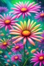 Placeholder: vibrant psychedelic oil painting image, airbrush, 64k, cartoon art image of background GREEN AND PINK FLYING DAISIES , futurism style