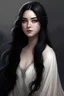 Placeholder: a 16 year old woman, white skin, long wawy black hair, beautiful face, black eyes, round body, in a white dress, realistic epic fantasy style