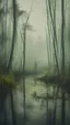 Placeholder: A swamp surrounded by bamboos long trees in cloudy, depressing, foggy, with a dim of light in the distance , on the side an abandoned old hose covered with leaves