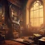 Placeholder: dark fantasy concept art, dynamic lighting, hyperdetailed, intricately detailed, Splash screen art, deep color, Unreal Engine, volumetric lighting, fantasy library artwork, indoors, cozy, leather, wood, library, books,