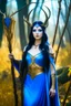 Placeholder: A picture of a beautiful blue faced Korean goddess with skin painted blue, blue body, blue torso, wild black hair, stag antlers, elven ears, golden skirt, holding a staff in a sunny forrest