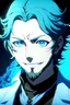 Placeholder: Describe an action scene where a handsome man, reminiscent of Fyodor Dostoevsky from Bungo Stray Dogs, stands before us. His mesmerizing blue turquoise eyes pierce through the atmosphere, while his soft fair complexion seems to glow under the gentle lighting. His attractive lips curl into a mischievous smile, revealing a row of pearly white teeth. With black, gentle, thin hair styled in a Triple Bangs cut, he holds a gun in his right hand, confidently pointing it toward the viewer.