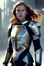 Placeholder: ultrarealistic, ruined city,__scifi armor__, __angles__, 18 year old woman, strikingly beautiful, ginger hair, _colour_, [__starlets__|__starlets__], (pale __skincolor__ skin:1.2), __camera__, _hair_, detailed face and eyes, medium breasts, leather choker, freckles, dynamic pose, resolved expression, __accessory__, strappy outfit, (straps:1.1), sword in scabard on left hip, (buckles, buttons, snaps, rings:1.0), haltertop style breastplate, detailed eyes, plump lips, sci-fi theme