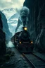 Placeholder: steampunk style, atmospheric beautiful train with the inscription #FORGE&FLUX, rides in stunning mountain landscape, mountain gorge, split toning effect, subsurface gaussian scattering, dark fantasy, dark botany, photorealistic image, ultra-detail