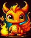 Placeholder: cartoon illustration: a cute little fire dragon with big shiny eyes. The dragon has big wings.