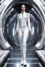 Placeholder: photorealistic slim woman looking like Drusilla with white boots in a heroic pose at the entrance to a spaceship