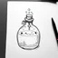 Placeholder: Make black and white cute drawing of a Magic Potion Bottle with black bold lines. Only outline, no grayscale. A quirky bottle with a glowing liquid inside. Add bubbles rising to the top, and give the bottle a whimsical cork with patterns and a tiny charm tied around its neck.