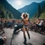 Placeholder: Subject & Action: A photorealistic snapshot capturing the electric chaos of a full-moon free party deep within the French Pyrenees mountains. In the center, a shirtless, tattooed, ecstatic beatnik-raver with sweat-soaked hair and a glazed, wide-eyed look (from shrooms) is air-riding, mimicking a motorcycle while jumping, with one leg kicking. He wears a faded tweed vest over an old tuxedo jacket, dirty striped pants, and heavy boots. He is surrounded by a crowd of dancers in similar retro counte