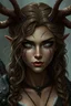 Placeholder: A female fantasy warrior with antlers, olive toned skin, long brown curly hair, green eyes. Quirky face with some type of markings. Grimdark realistic style