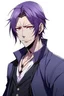 Placeholder: Personaje de anime masculino alto, mirada atractiva, cabello violeta oscuro