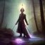 Placeholder: romantic fantasy spray painting, william Turner, watercolor, dark robed poet holding lantern in magical forest