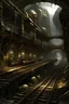 Placeholder: underground steampunk dwarven city with train tracks, large open dave with stalagmites