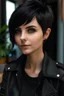 Placeholder: Black pixie hair girl with brown eyes wearing a black jacket