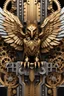 Placeholder: Facing front mechanical cyborg eagle straddle wings detailed, intricate, mechanical, gears cogs cables wires circuits, gold silver chrome copper
