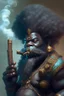 Placeholder: A fantasy black dwarf with an Afro smoking a cigar