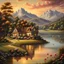 Placeholder: An exquisite oil painting capturing a dreamlike paradise, with a charming little farmhouse nestled by a calm lake. The farmhouse, with its rustic appeal, contrasts against the serene water, surrounded by a lush, verdant forest and rolling hills. The background unfolds into a dramatic landscape, featuring towering mountains and a stunning sunset sky that casts warm, vibrant hues across the scene. The artist's mastery is evident in the seamless blend of traditional oil painting techniques with the