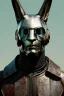 Placeholder: Medium Close Up Portrait, Front image. cyberpunk, rabbit mask helmet, strong man, titanium hair. Latex suit. Brown, black, color. Ghost Ryder style. Color background, photo studio. Avatar image, highly detailed, concept art, smooth, unreal engine 5, ray tracing, RTX, lumen lighting, ultra detail, volumetric lighting, 3d, finely drawn, high definition, high resolution.