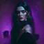 Placeholder: painting by koson ohara and marta bevacqua, portrait of a beautiful goth woman with long black hair, wearing a black dress, purple neon lighting black rose background , 8k, high quality, highly detailed full body