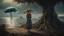 Placeholder: Full Body Shot Of A Young, Slim Woman Covered In rags, standing under a tree, holding an umbrella made from a jellyfish, a glowing ball in her hand, photorealistic, Detailed Matte Painting, Deep Colour, Fantastical, Intricate Detail,