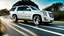 Placeholder: A sleek white shiny (((Customized gangsters lowrider cadillac escalade))), its contours and details perfectly captured in a (((cinematic view))), zipping along a winding road under a beautiful blue black morning sky