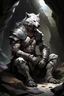 Placeholder: 白色毛发的狼人，肌肉发达，身穿铠甲。但是受伤战损，缩在山洞里奄奄一息