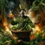 Placeholder: victory portrait of crazy cook army officer dunking vegetables in basket inside grove with fluffy hare with mutations getting blasted by explosions, 4 k, down-light, soft light, depth of field, photo realism, trending on art station, high detail, spray paint