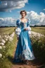 Placeholder: fullbody girl makeup wearing a victorian dress walking in country side ,flowers ,pretty clouds in blue sky