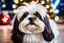 Placeholder: fluffy large eyed happy baby white-gold shih-tzu head sith lord in the big hall in second death star and view to a star wars planet, and christmas tree and sith gifts, cinematic eye view