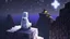 Placeholder: Minecraft Character, minecraft theme, purple starry sky, meditating, facing back, wearing gown, minecraft style, in between two cliffs, white clothes, edge to edge