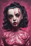 Placeholder: full color, illustration of a darkred and pink tones, menacing, Singer Melanie Martinez face, as a decayed, broken, skin turned translucent, black veins that extended like roots beneath her skin, latex suit, crude homemade cloth doll toy, with a narrow cracked porcelain face, thick dark eyebrows, hair in two gradually, made from ragged strips of cloth, in the style of Alex Pardee, Tim Burton, and Nadya Sheremet