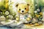 Placeholder: close-up of a cute chibi teddy bear packing piles of white clothes in the forest, laundry machine, grass and flowers next to him, melting watercolour and black ink outlines on wet paper, photorealistic, golden glitters S<AI in sunshine, ethereal, cinematic postprocessing