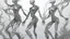 Placeholder: Image is a digital artwork featuring a group of humanoid figures composed entirely of intricate, metallic, vine-like structures. These figures are set against a soft, misty background, creating a surreal and ethereal atmosphere. The figures are positioned in various poses, with arms raised and intertwined, suggesting movement or interaction. The metallic vines form complex patterns that mimic the musculature and anatomy of human bodies, with a reflective, silver-gray surface that catches the lig