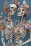 Placeholder: Partially skeletonized couple cobbled together with paper mache from magazine clippings and covered in mixed media such as feathers, foliage, flowers, gemstones, and shiny gewgaws; quilling, award-winning, masterpiece, portfolio piece, fantastical, Intricate, Hyperdetailed, Holographic, Magnificent, Meticulous, Mysterious